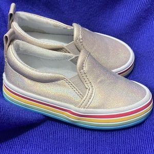 NEVER WORN CAT & JACK METALLIC SLIP ONS WITH RAINBOW SOLE! Absolutely precious!
